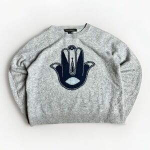 Skull Cashmere Gray Sweater with Navy Hamsa